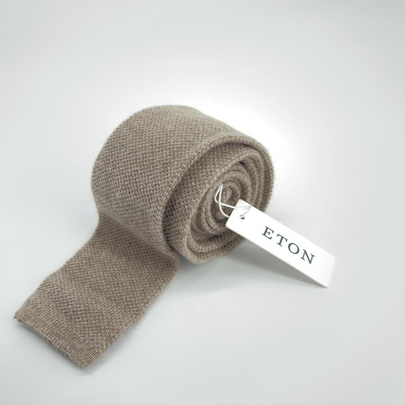 Eton Tie Mens One Size Beige Knitted 100% Cashmere‎ Made Italy Slim Necktie NWT